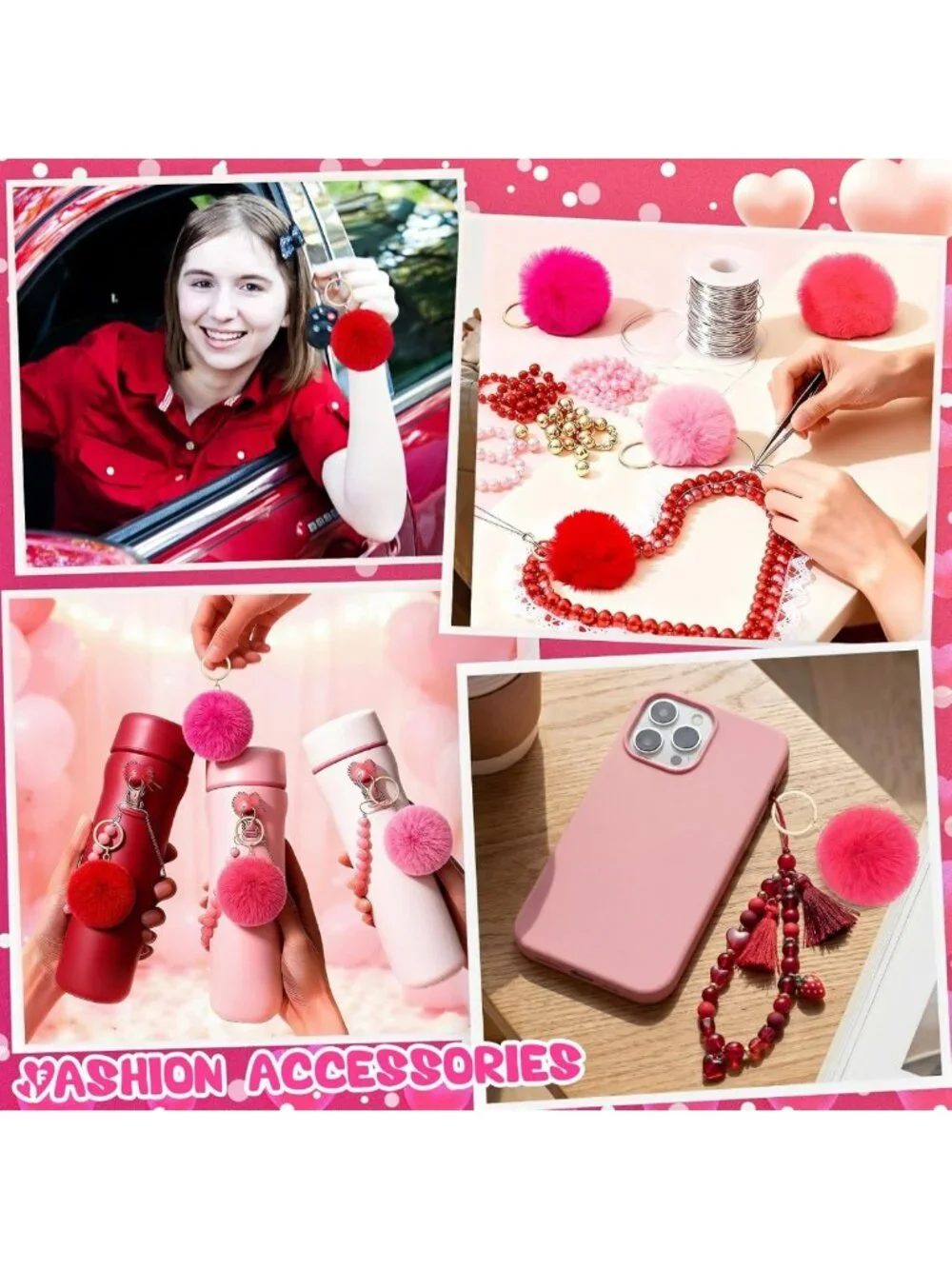 60 Pcs Pink Pom Poms Keychains - Cute Fluffy Balls for DIY Party Favors & Gifts